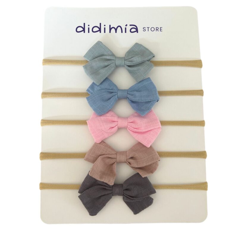 Set de 5 headbands de lino con moño de 8cm — crecen con tu bebita hasta grande - Set 5-C