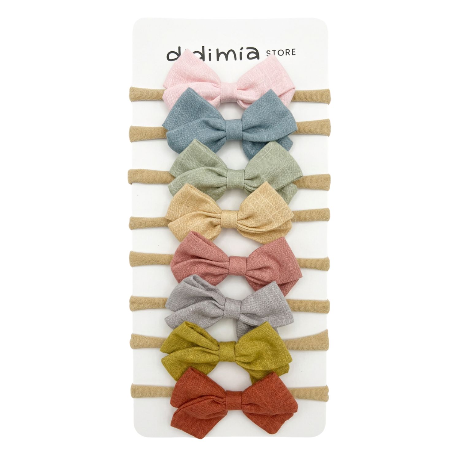 Set de 8 headbands de lino con moño de 8cm — crecen con tu bebita hasta grande