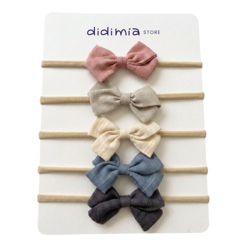 Set de 5 headbands de lino con moño de 8cm — crecen con tu bebita hasta grande - Set 5-B
