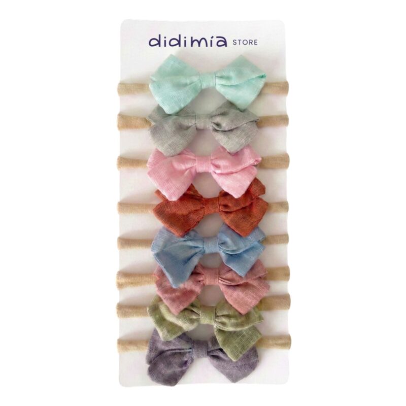 Set de 8 headbands de lino con moño de 8cm — crecen con tu bebita hasta grande - Set 10-A