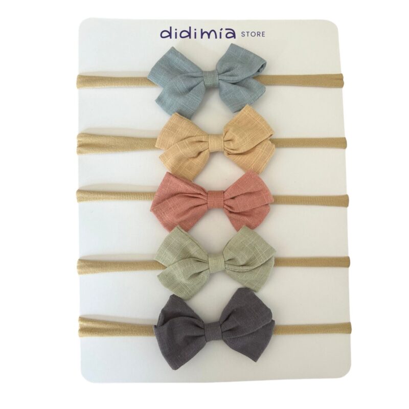 Set de 5 headbands de lino con moño de 8cm — crecen con tu bebita hasta grande - Set 5-A